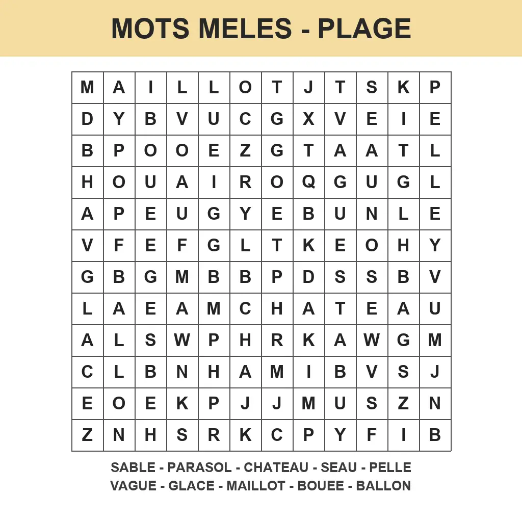Grille de mots mêlés plage à imprimer pour enfant