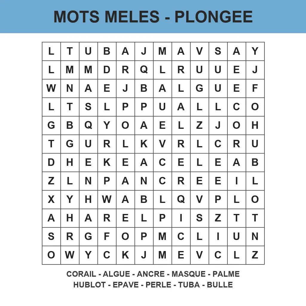 Grille de mots mêlés plongée sous-marine à imprimer