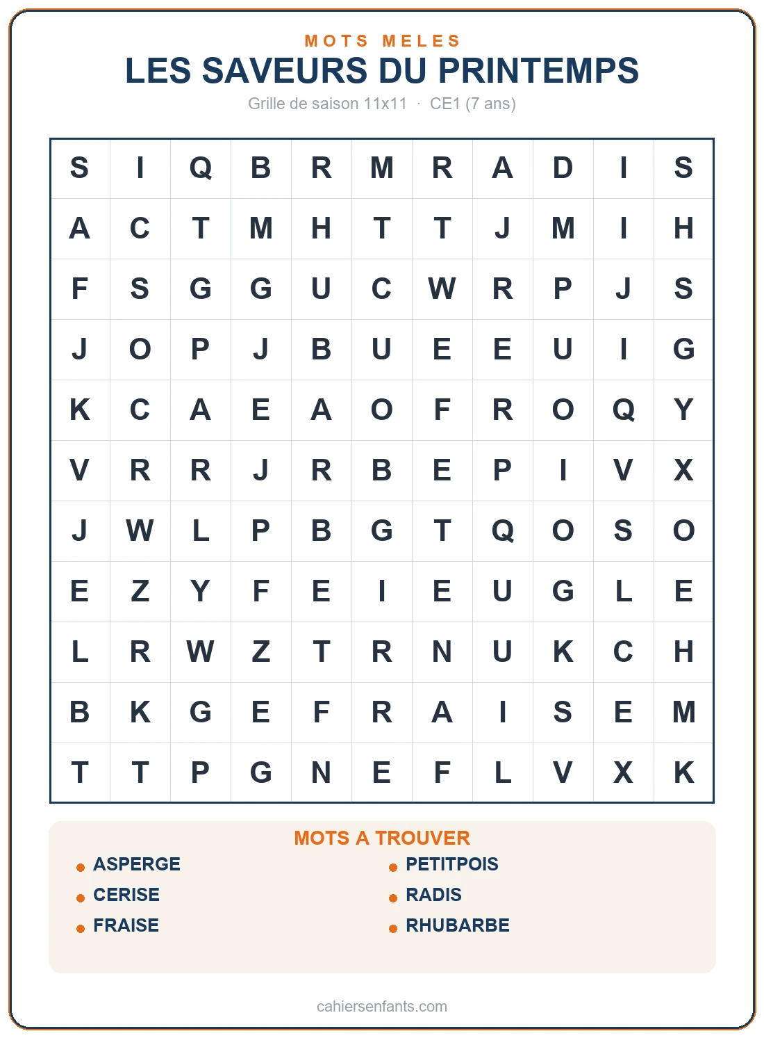 Grille de mots mêlés des fruits et légumes du printemps à imprimer