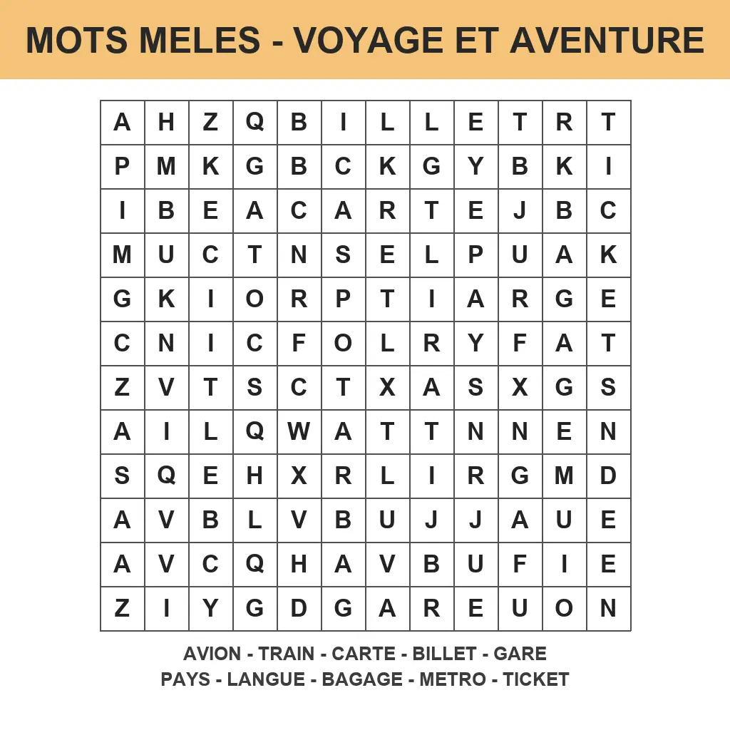 Grille de mots mêlés voyage et aventure à imprimer pour enfant