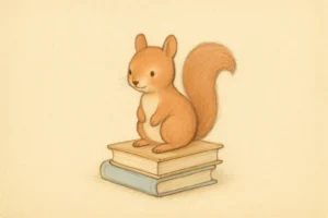 Illustration aquarelle d'un écureuil roux avec une pile de livres et un crayon, exercices CE2 à imprimer