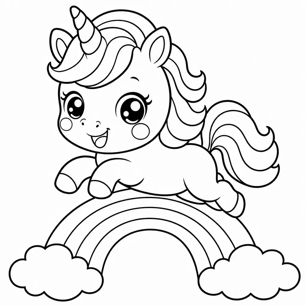 Coloriage licorne kawaii avec arc-en-ciel a imprimer
