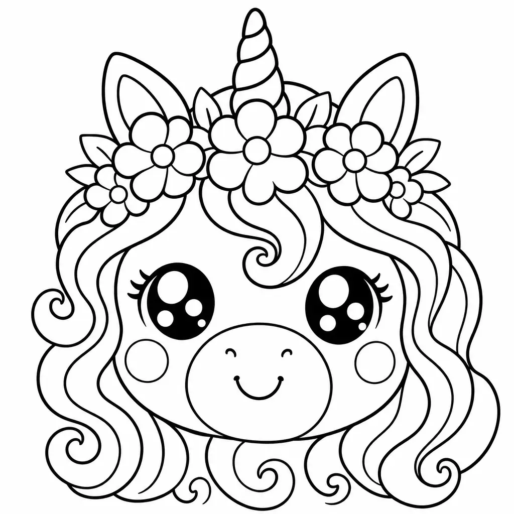 Coloriage tete de licorne kawaii avec couronne de fleurs a imprimer