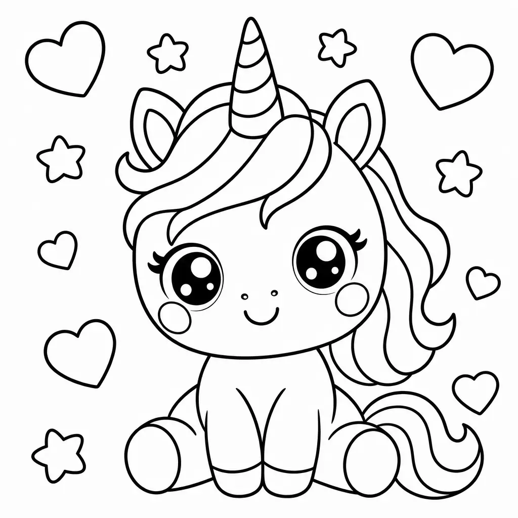 Coloriage licorne kawaii entouree de coeurs a imprimer