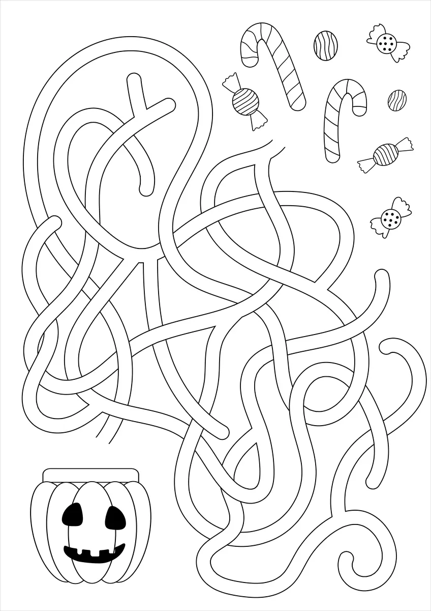 Labyrinthe Halloween en noir et blanc à colorier où la citrouille cherche son chemin vers les bonbons à imprimer