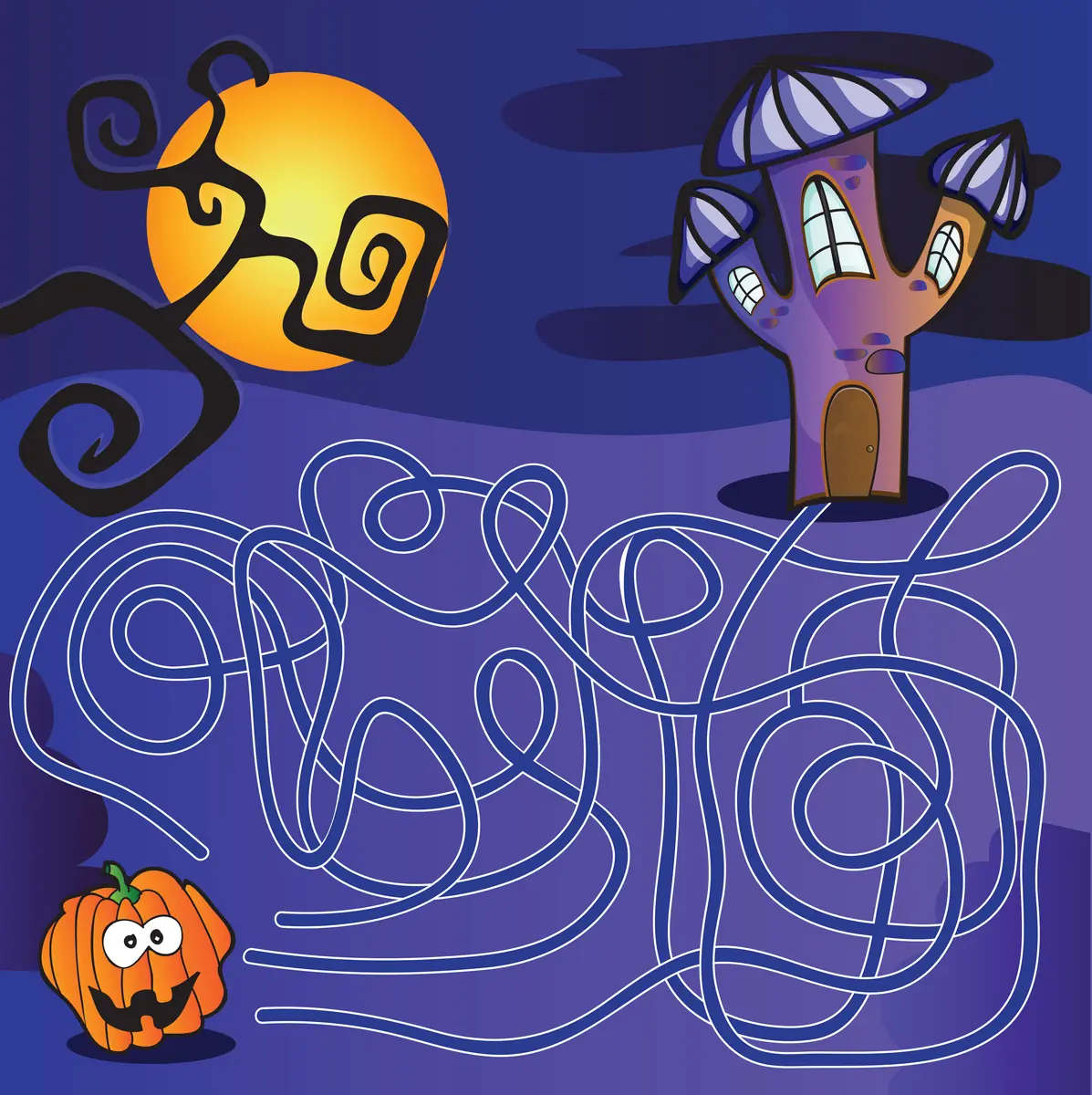 Labyrinthe Halloween où la citrouille rejoint le manoir hanté sous la lune à imprimer