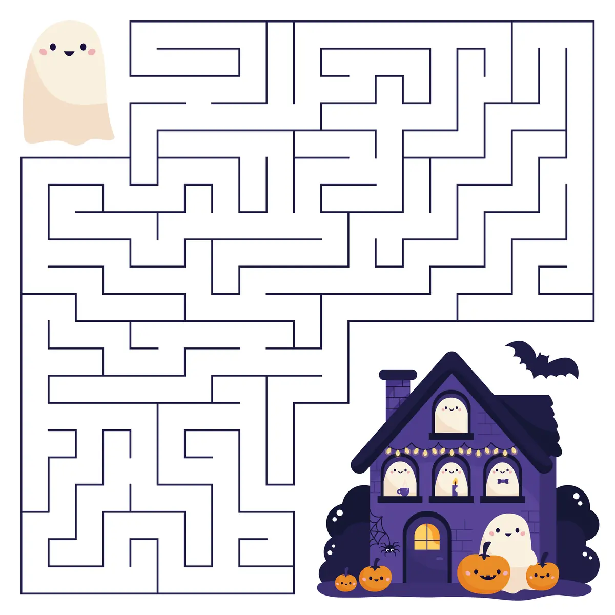 Labyrinthe Halloween kawaii où un petit fantôme rejoint la maison hantée à imprimer