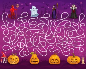 Labyrinthe Halloween en couleur avec diable, fantôme, sorcière et vampire à relier aux citrouilles à imprimer