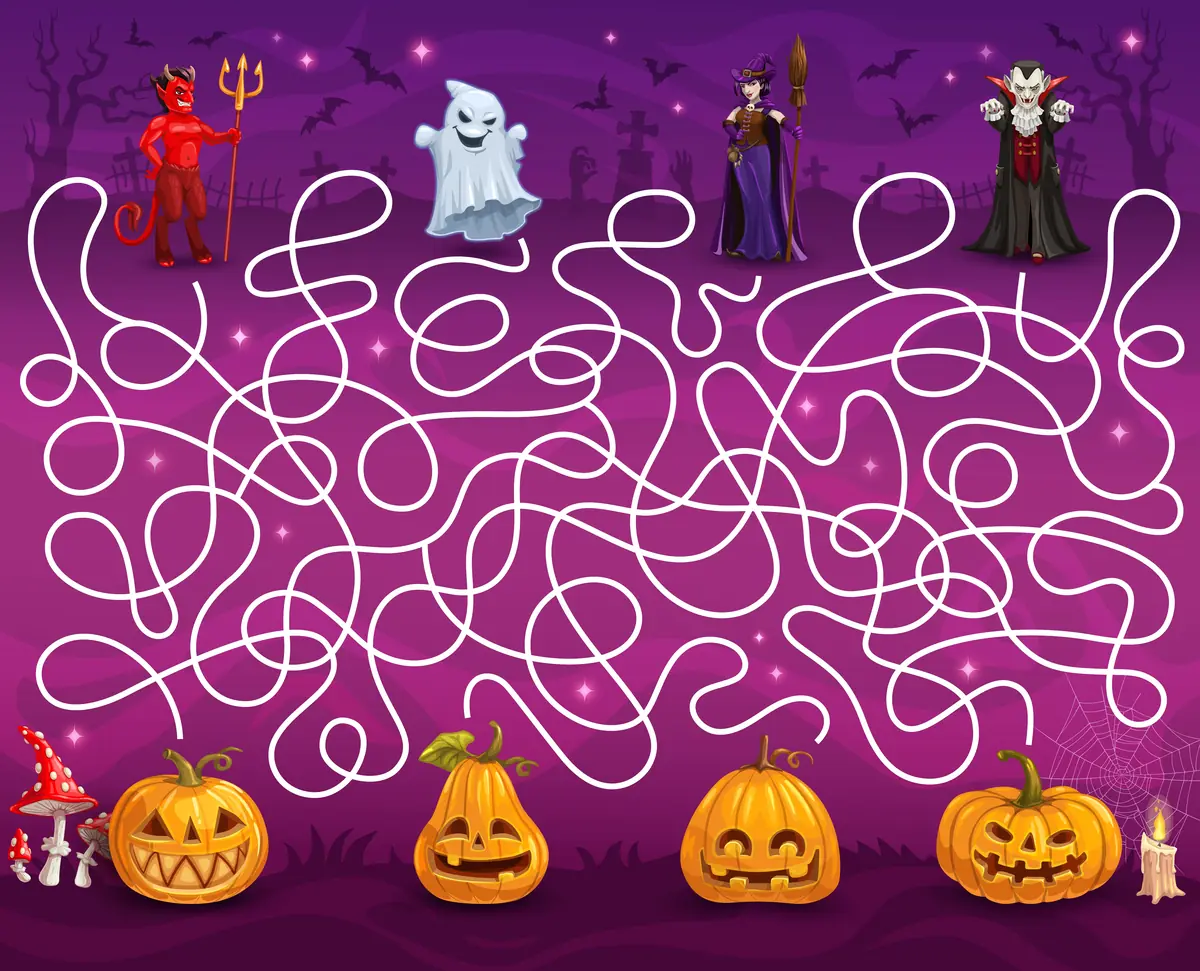 Labyrinthe Halloween en couleur avec diable, fantôme, sorcière et vampire à relier aux citrouilles à imprimer