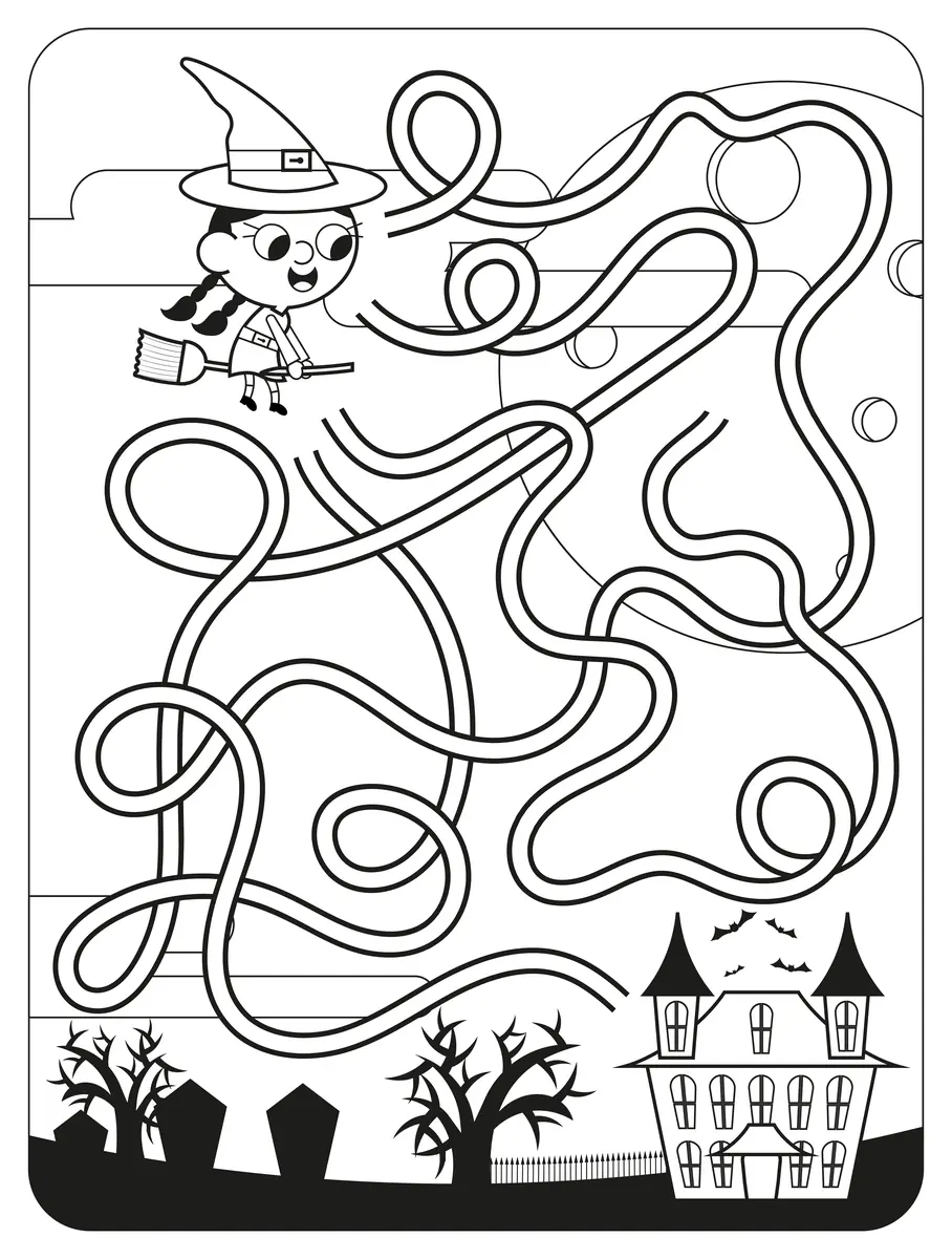 Labyrinthe Halloween en noir et blanc à colorier avec une petite sorcière rejoignant le château hanté à imprimer