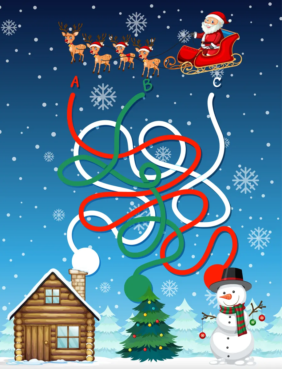 Labyrinthe de Noël à imprimer : suivre les chemins colorés A, B et C jusqu'aux maisons