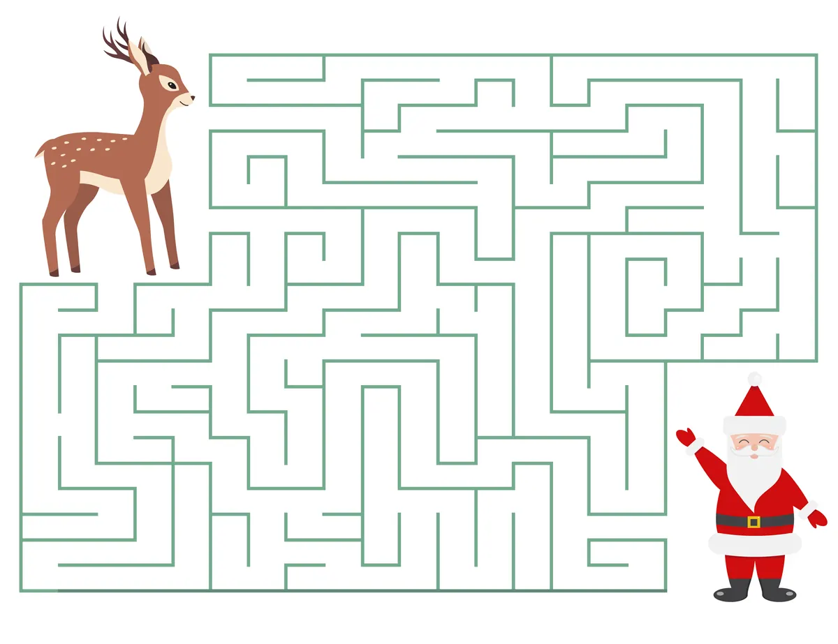 Labyrinthe de Noël à imprimer : le faon rejoint le Père Noël à travers la grille