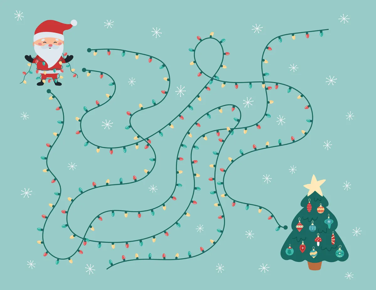 Labyrinthe de Noël à imprimer : suivre la guirlande lumineuse du Père Noël jusqu'au sapin