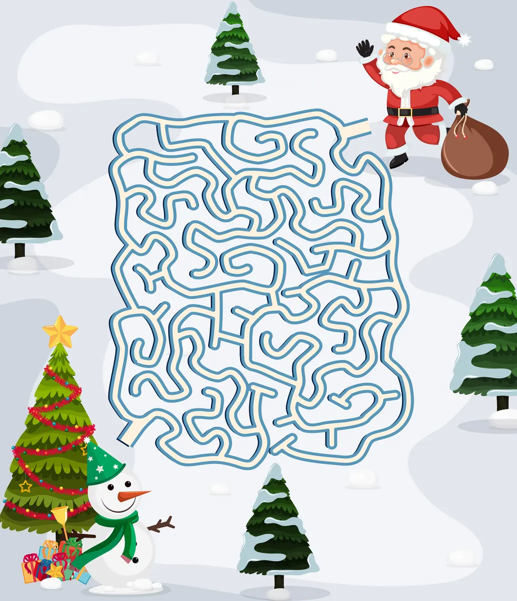 Grand labyrinthe de Noël enneigé à imprimer : niveau difficile avec bonhomme de neige