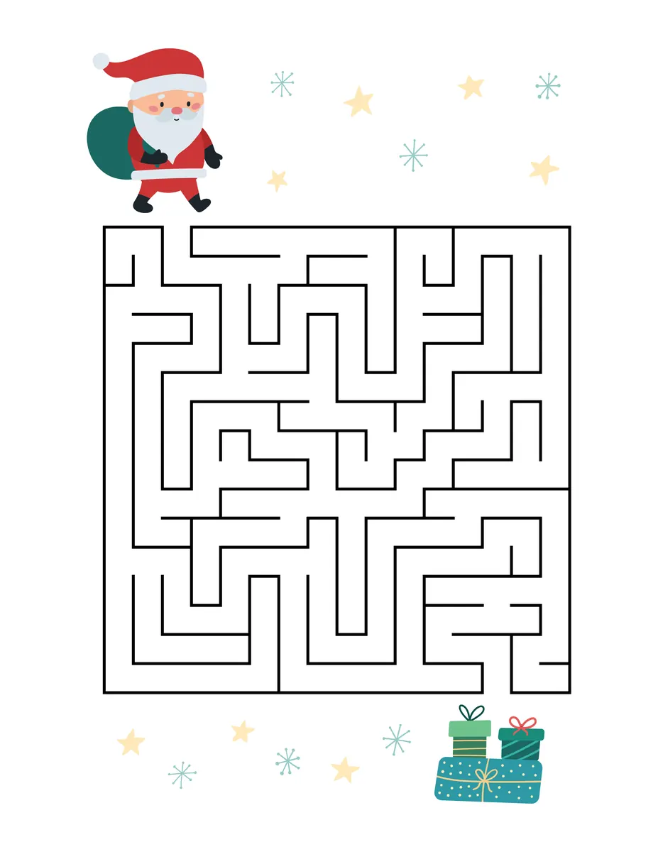 Labyrinthe de Noël en grille à imprimer : aider le Père Noël à rejoindre ses cadeaux