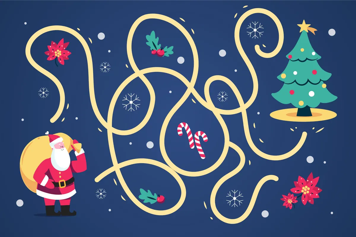 Labyrinthe de Noël à imprimer : suivre le chemin doré du Père Noël jusqu'au sapin décoré