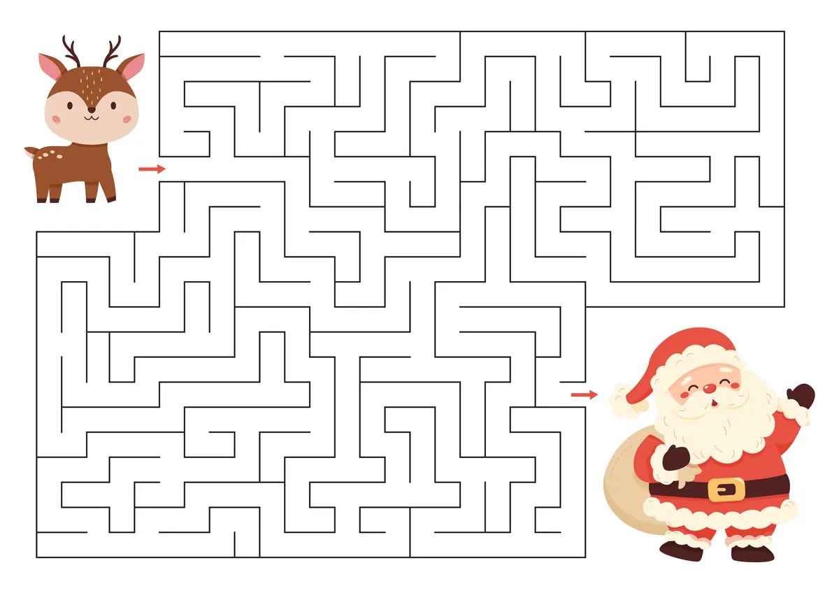 Labyrinthe de Noël kawaii à imprimer : le petit renne rejoint le Père Noël