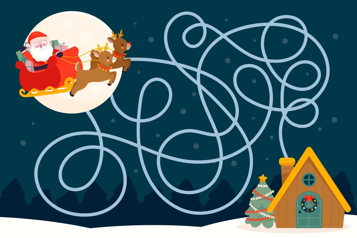 Labyrinthe de Noël à imprimer : démêler les fils du traîneau du Père Noël jusqu'au chalet