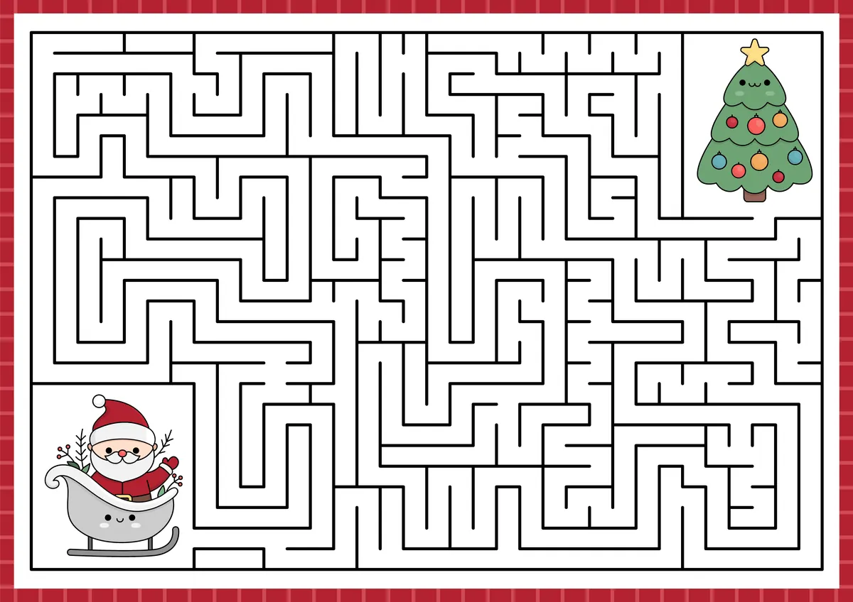 Labyrinthe de Noël à imprimer : le Père Noël et sa luge rejoignent le sapin