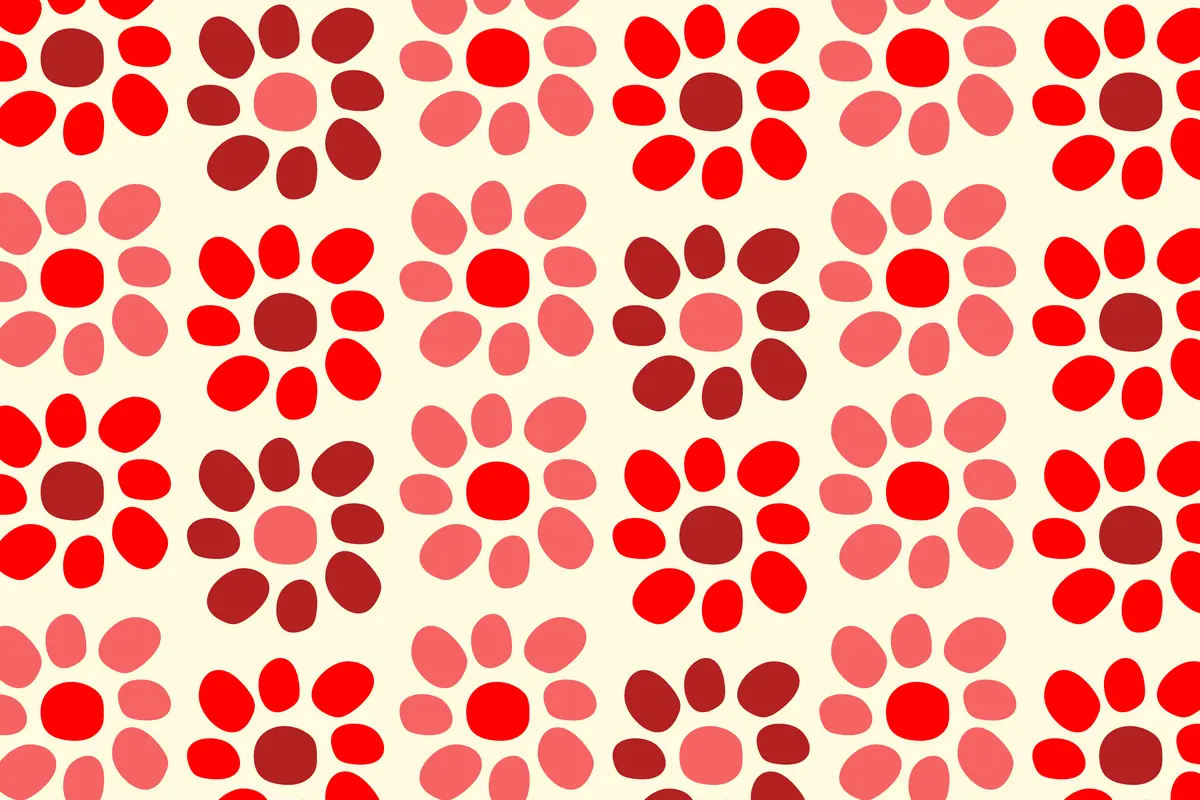 motif répété de fleurs et de pois rouges