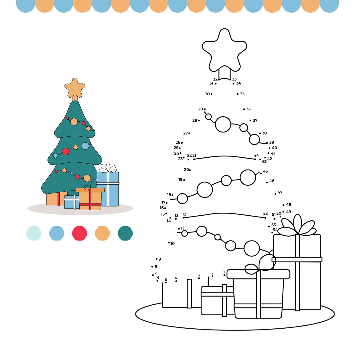Points à relier de Noël : sapin et cadeaux de 1 à 54 à imprimer