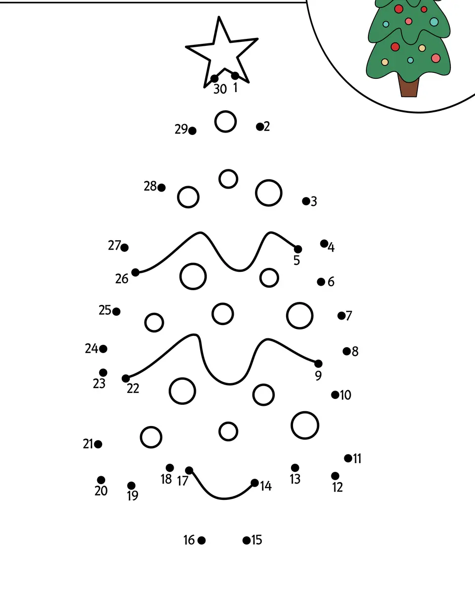 Points à relier de Noël : sapin décoré de 1 à 30 à imprimer