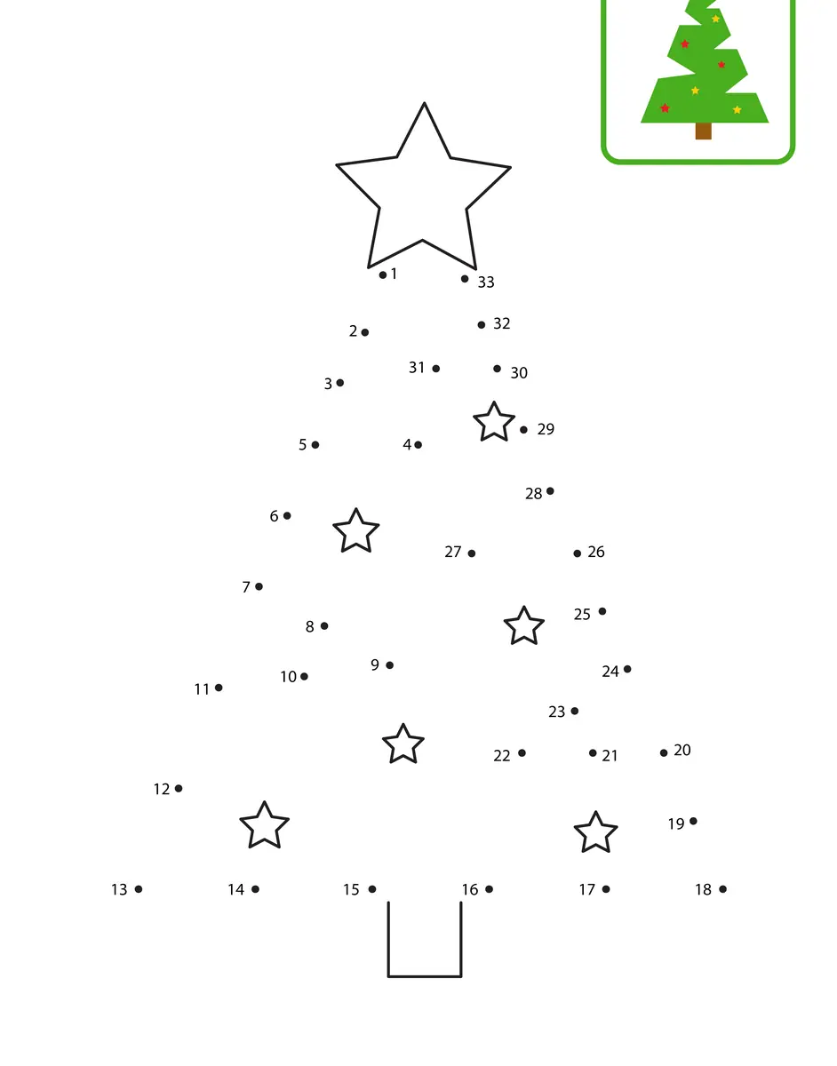 Points à relier de Noël : sapin étoilé de 1 à 33 à imprimer