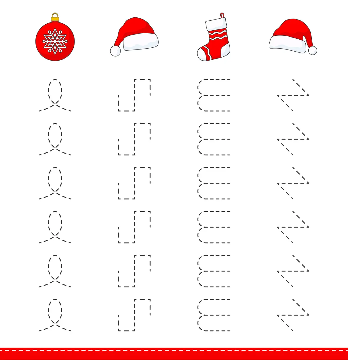 Fiche de tracé de Noël : boule, bonnet et chaussette à imprimer