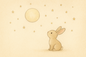 Lapin qui regarde la grande Lune dans le ciel étoilé