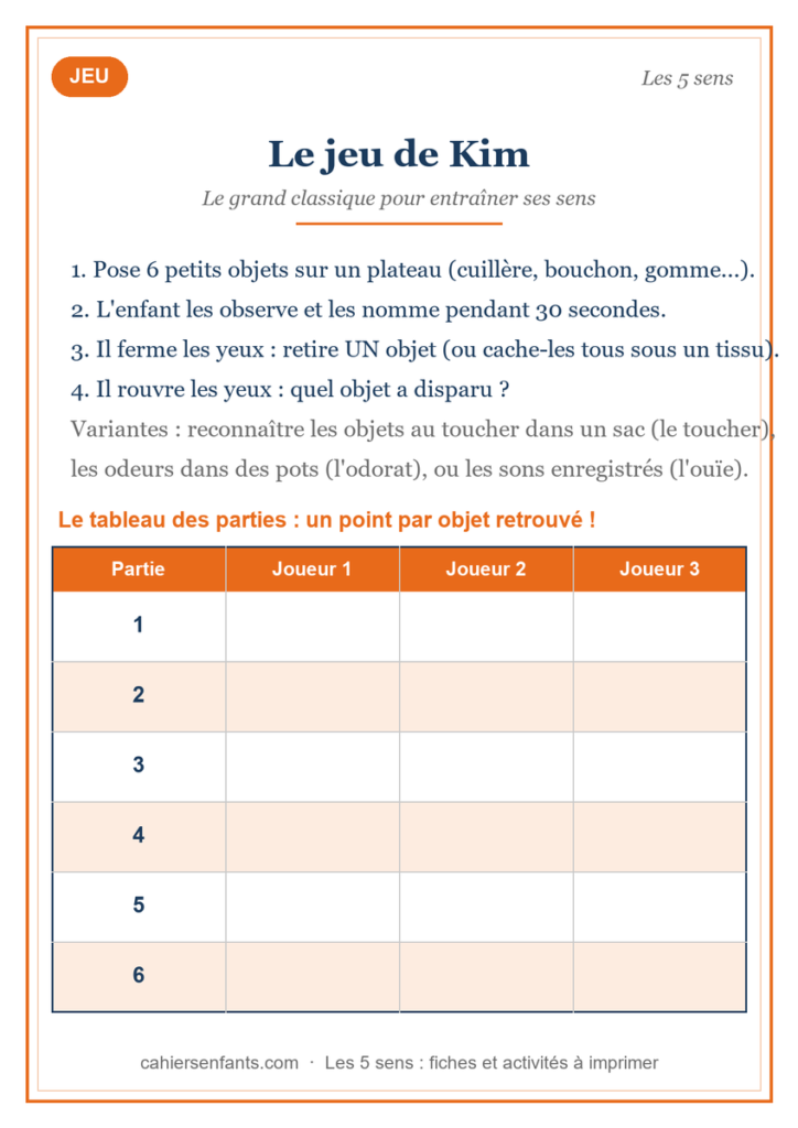 Le jeu de Kim, règles et tableau de scores à imprimer