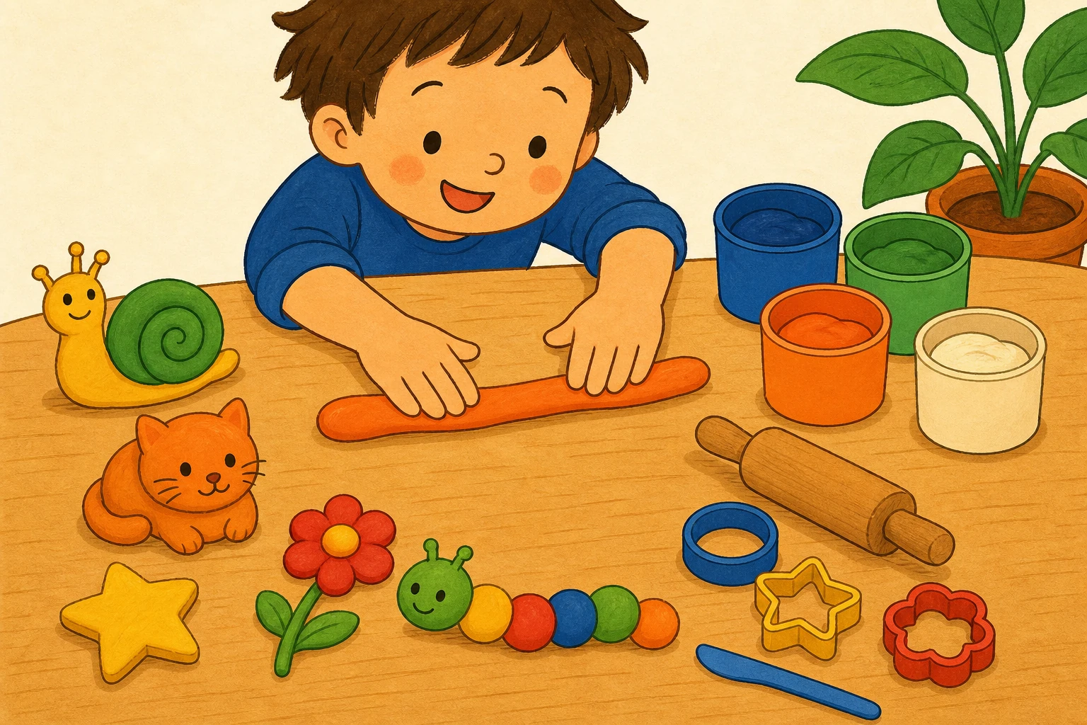 Mains d'enfant roulant un boudin de pate a modeler sur une table, escargot chat et etoile en pate coloree