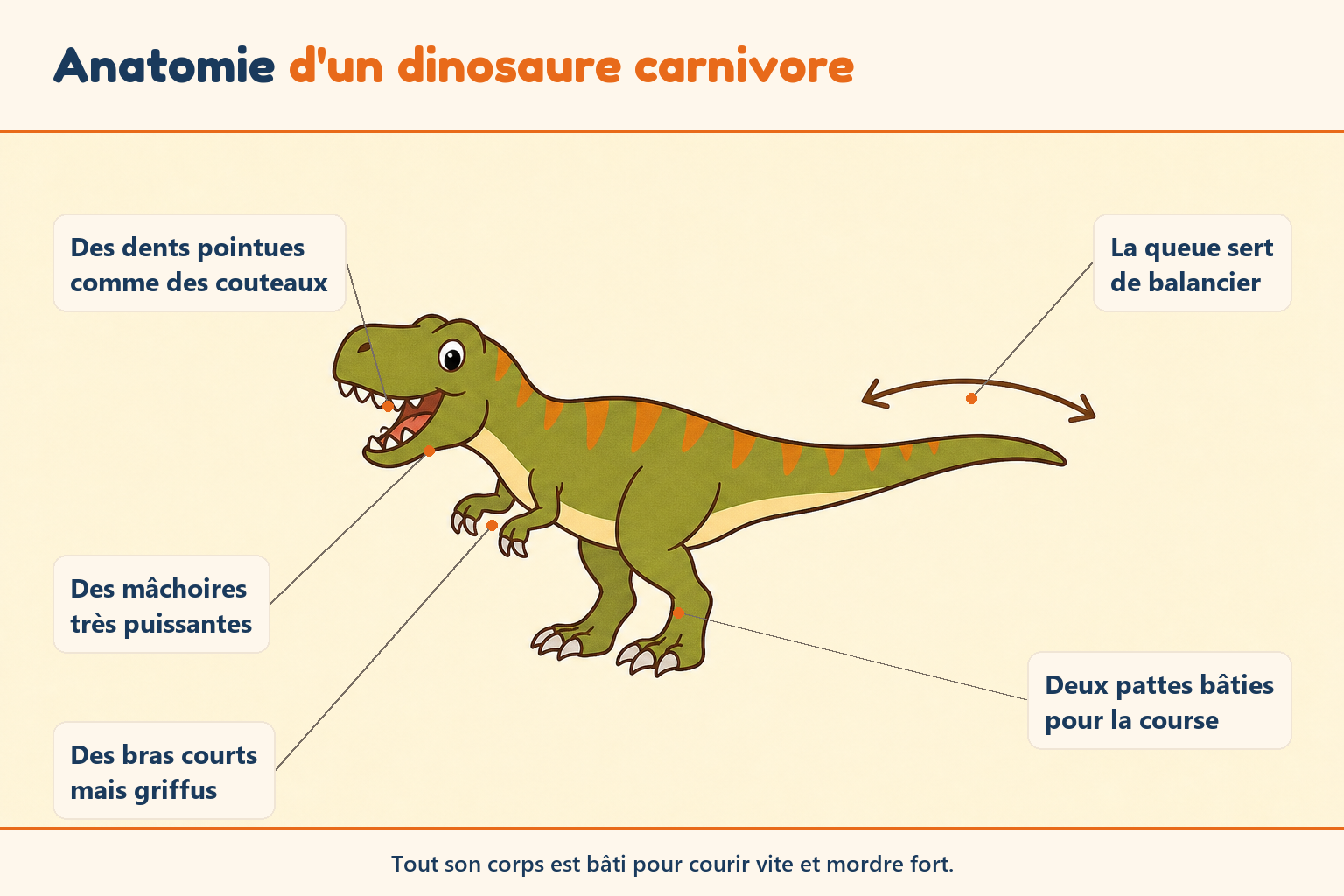 Anatomie détaillée d'un dinosaure carnivore montrant ses dents acérées et sa structure osseuse puissante