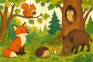 Renard, ecureuil, hibou et herisson dans la foret