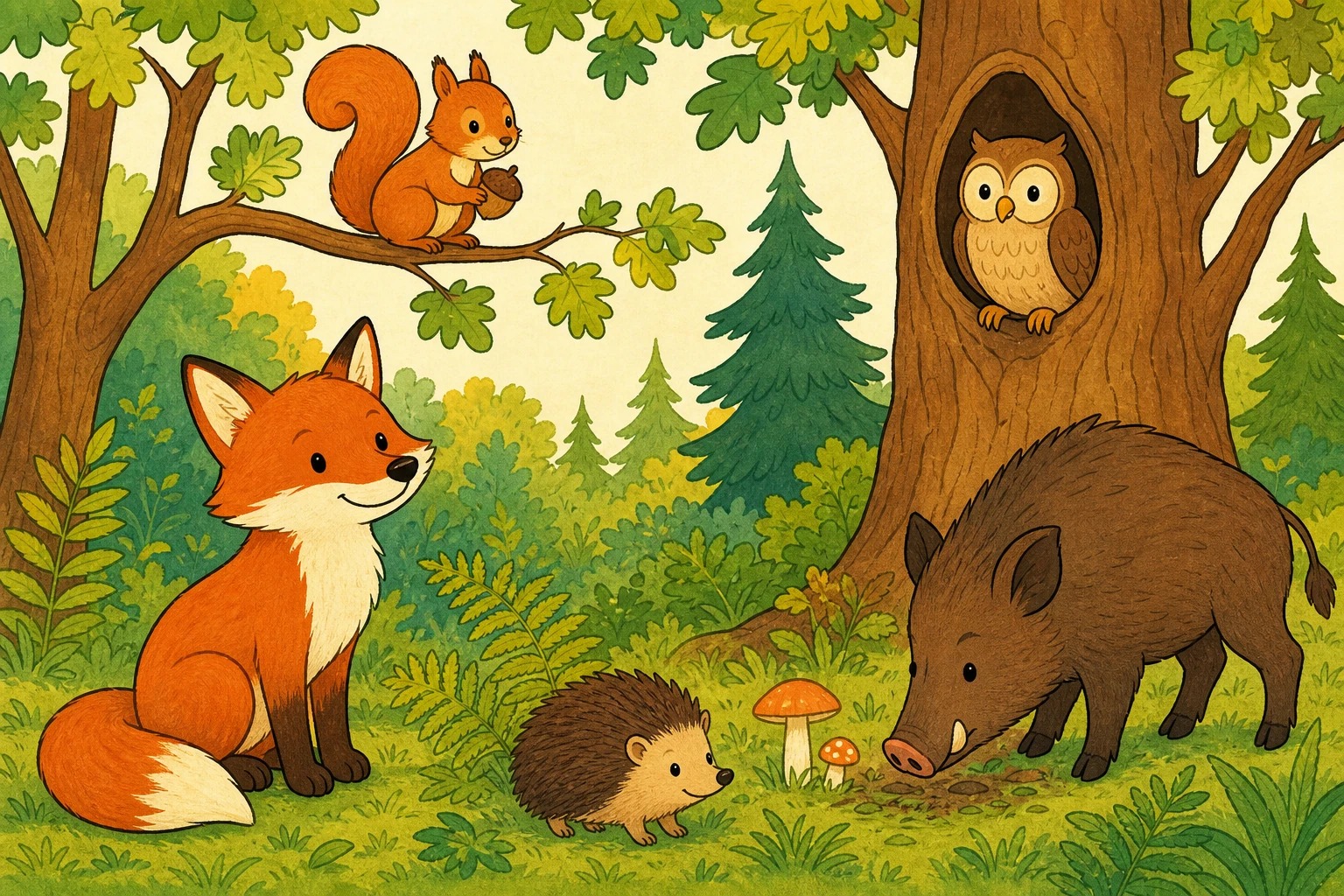 Renard, ecureuil, hibou et herisson dans la foret