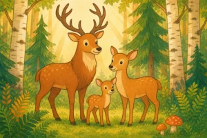 Cerf, biche et faon dans une clairiere ensoleillee