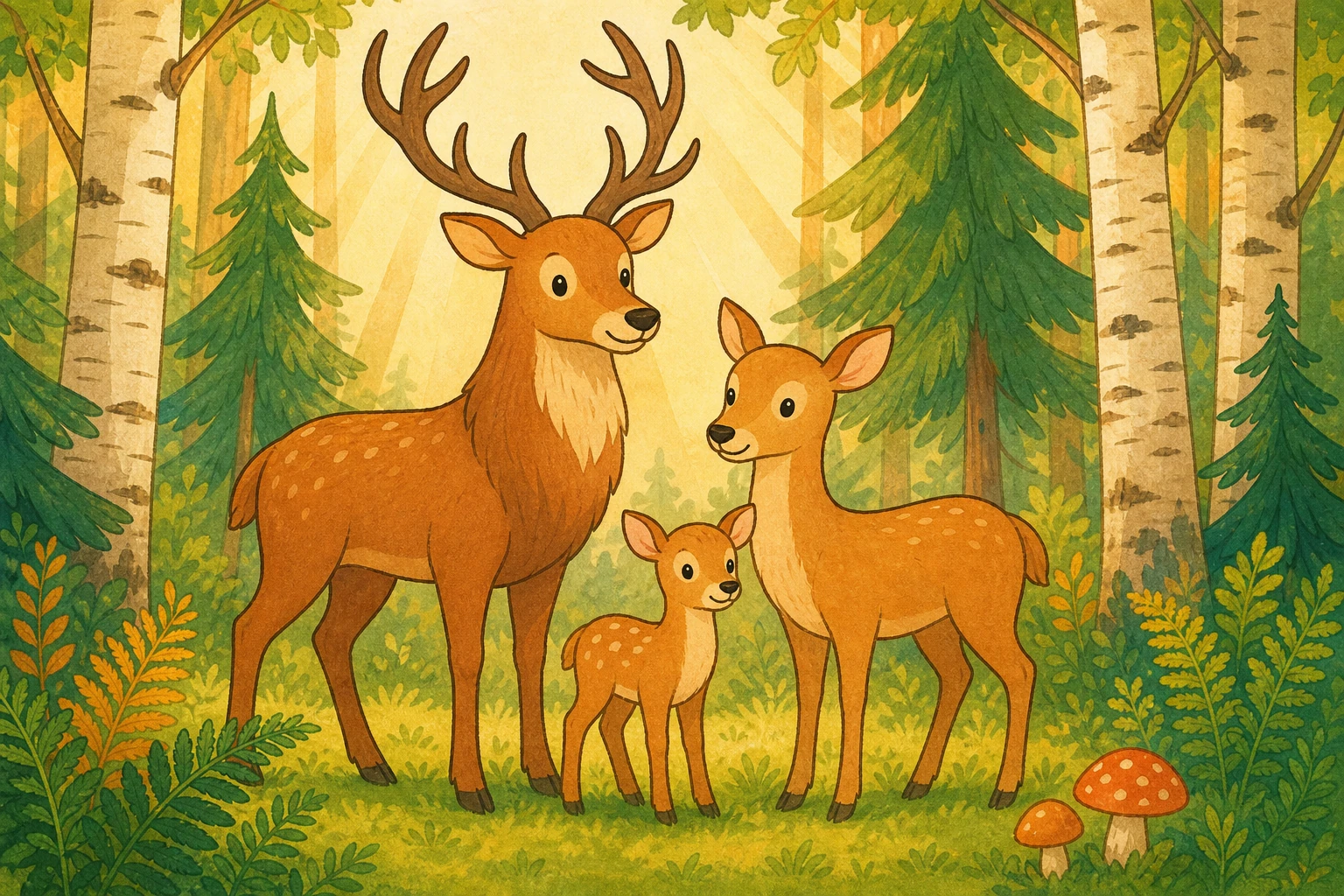 Cerf, biche et faon dans une clairiere ensoleillee
