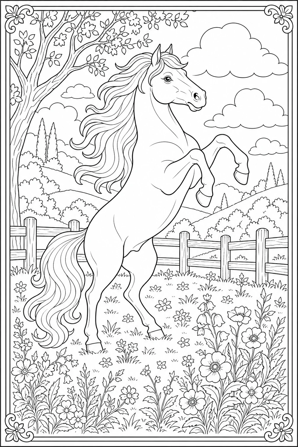 Coloriage cheval cabré dans une pose majestueuse à imprimer