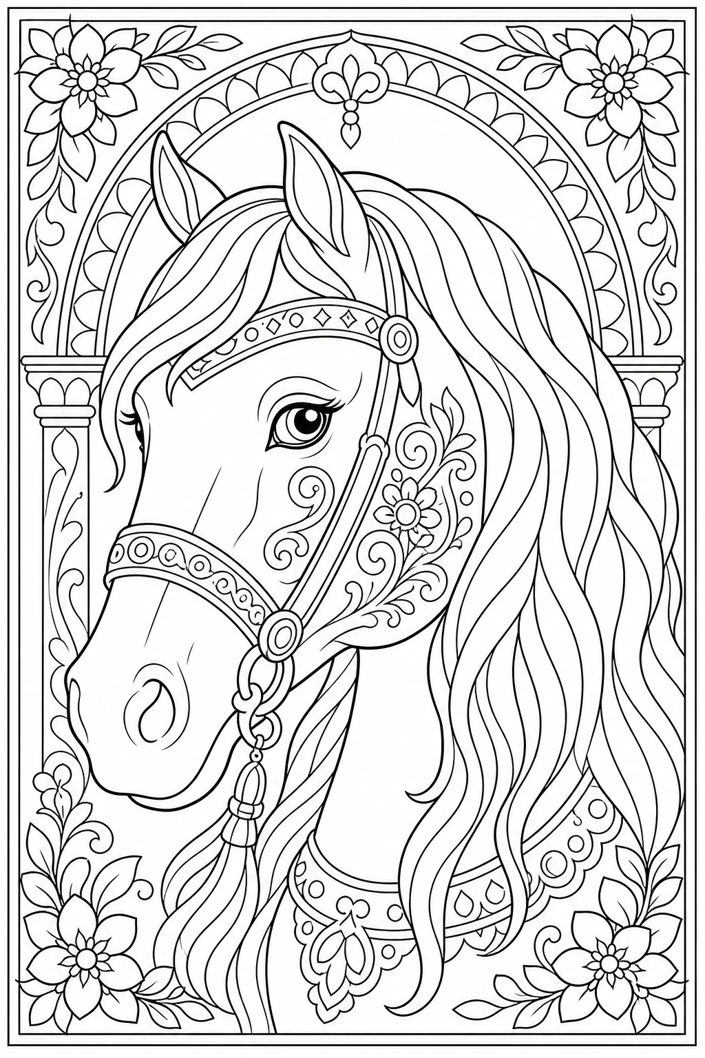 Coloriage portrait de tête de cheval à la crinière détaillée à imprimer