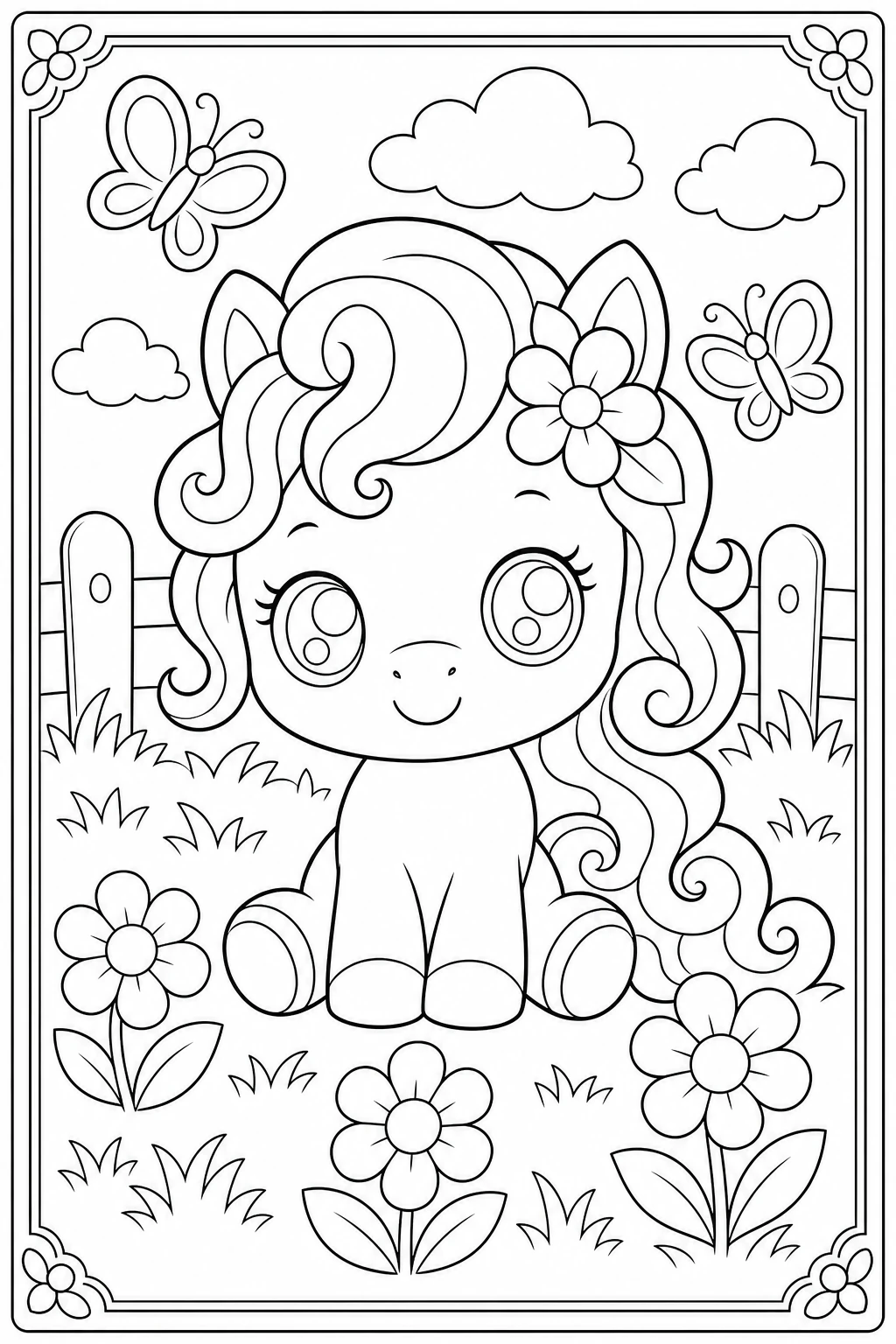 Coloriage poney kawaii aux grands yeux à imprimer