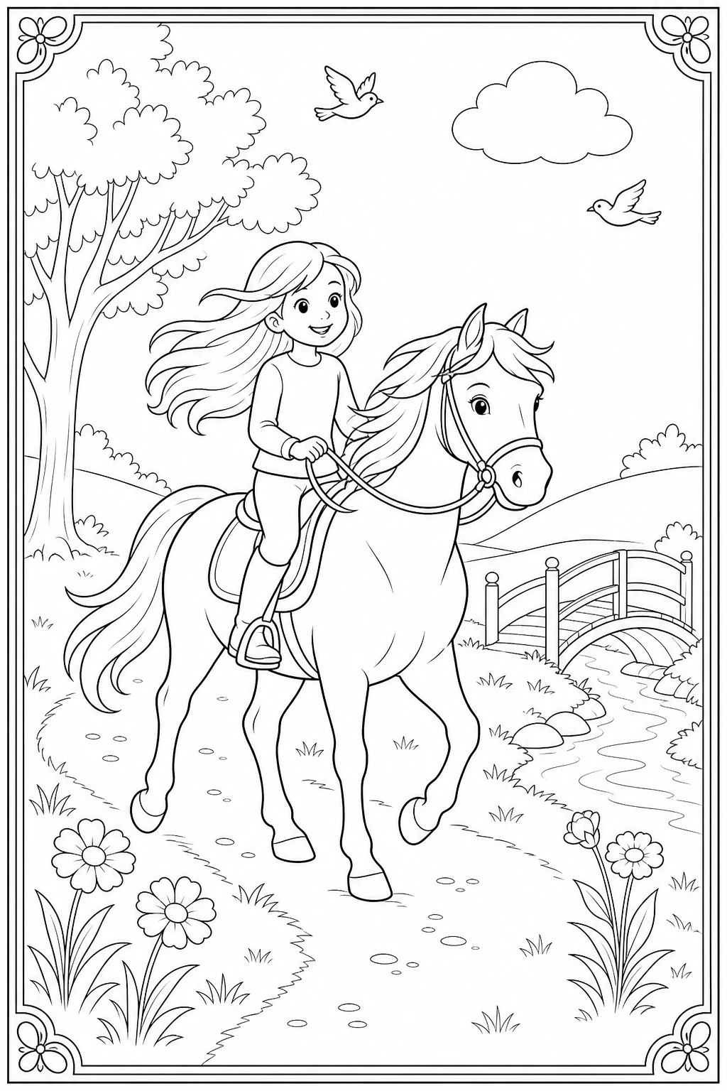 Coloriage jeune cavalière en promenade dans la nature à imprimer