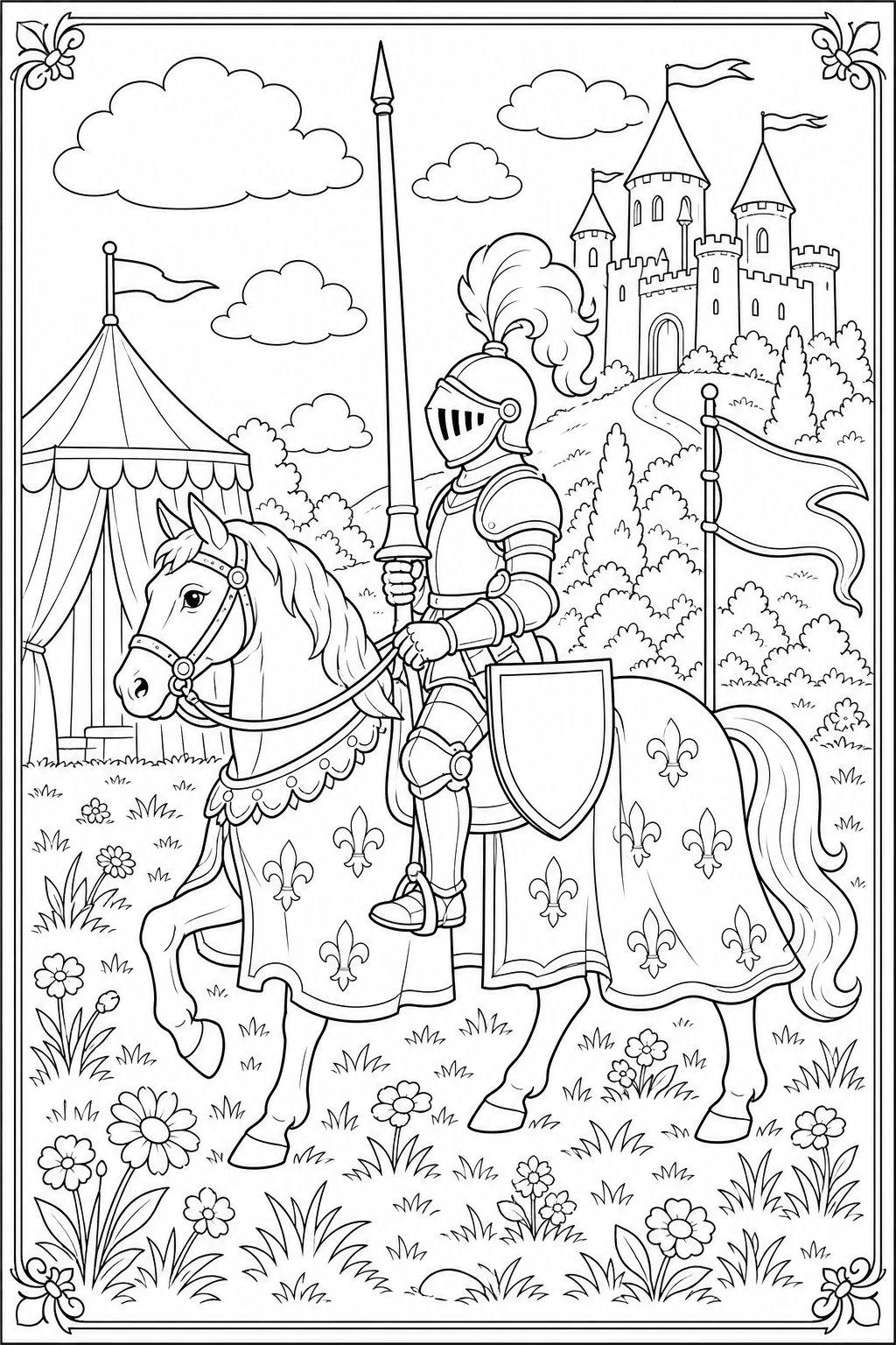 Coloriage chevalier en armure sur son destrier, style médiéval, à imprimer