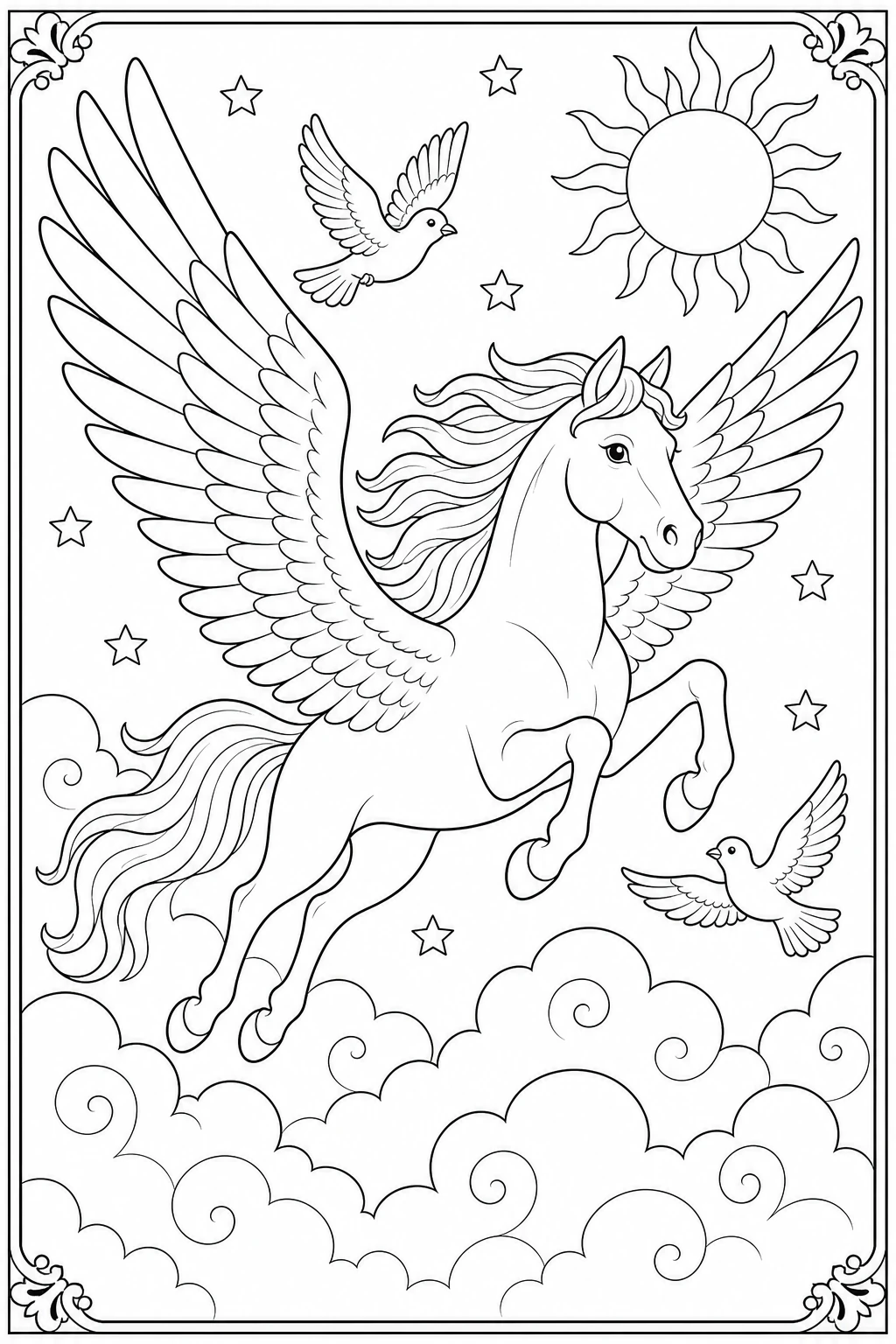 Coloriage pégase volant au-dessus des nuages à imprimer