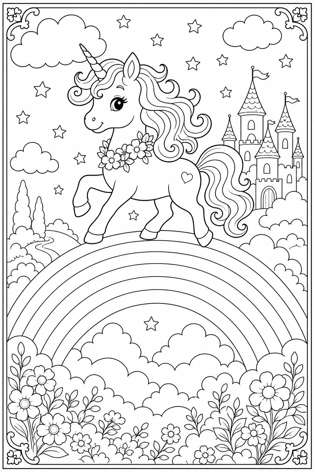 Coloriage licorne joyeuse avec arc-en-ciel et étoiles à imprimer