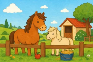 Cheval et poney dans un pre devant une petite ecurie