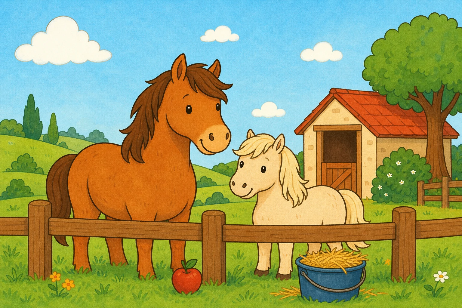 Cheval et poney dans un pre devant une petite ecurie