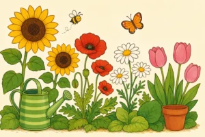 Jardin de fleurs, tournesols et coquelicots a colorier