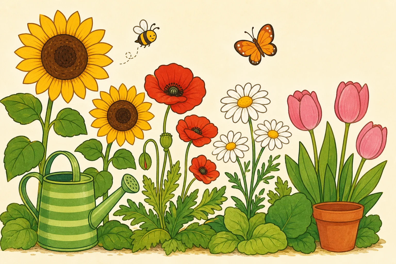 Jardin de fleurs, tournesols et coquelicots a colorier