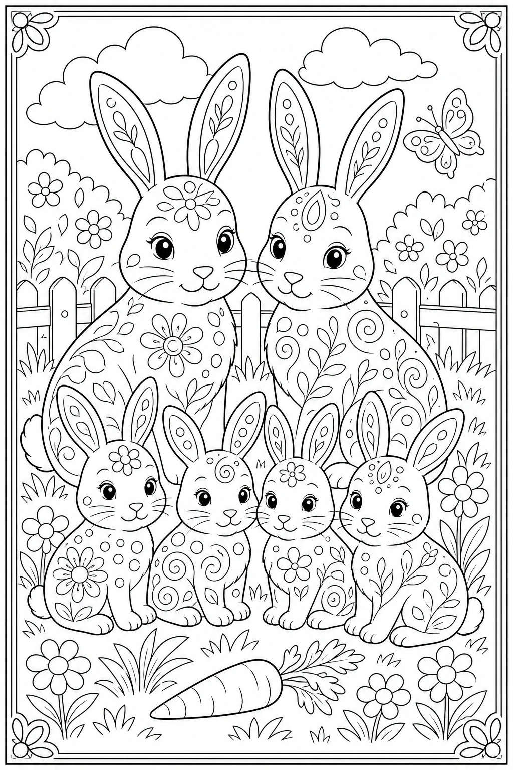 Coloriage famille de lapins, maman et ses petits, à imprimer