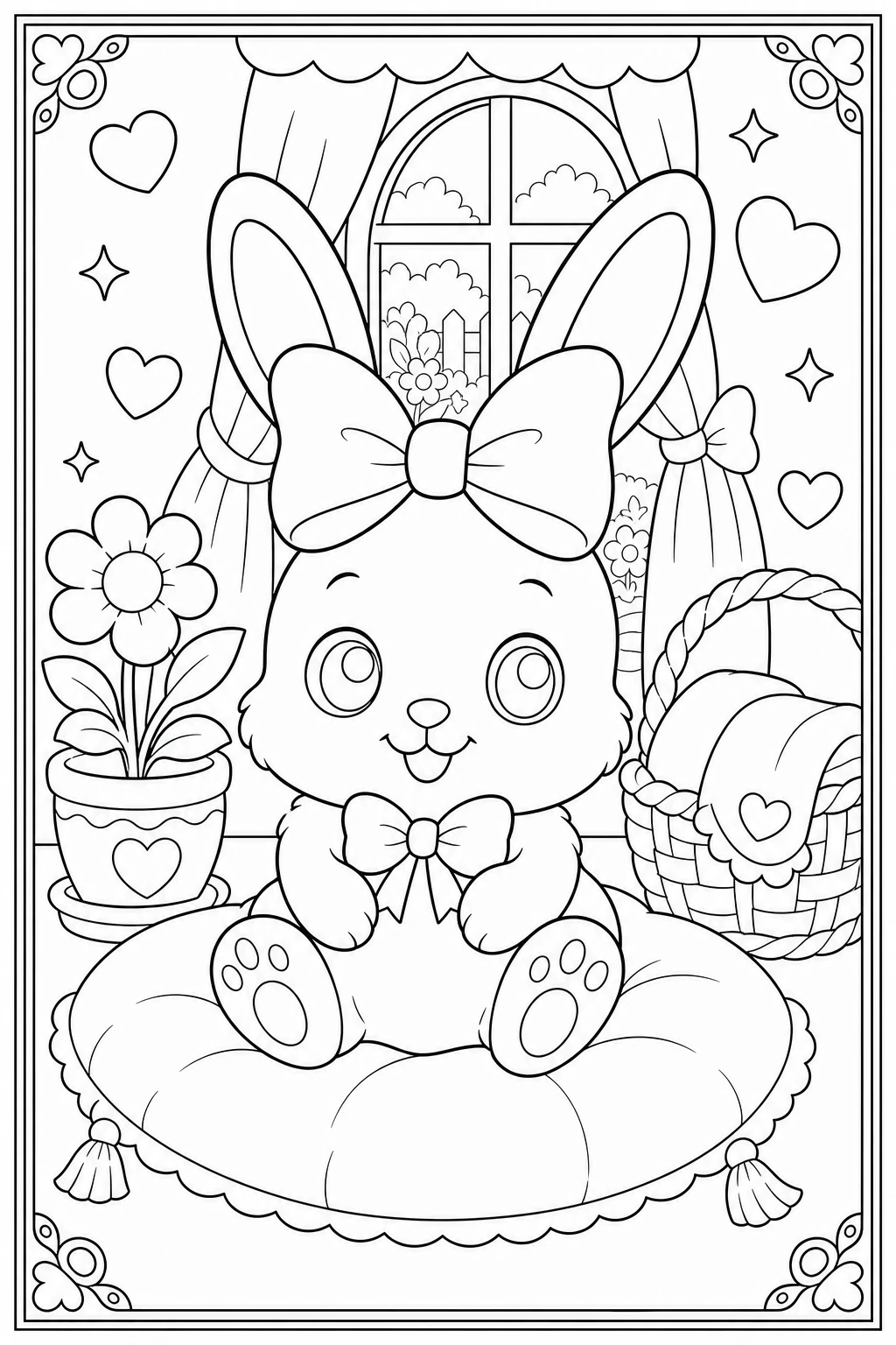 Coloriage lapin kawaii avec un gros nœud sur la tête à imprimer
