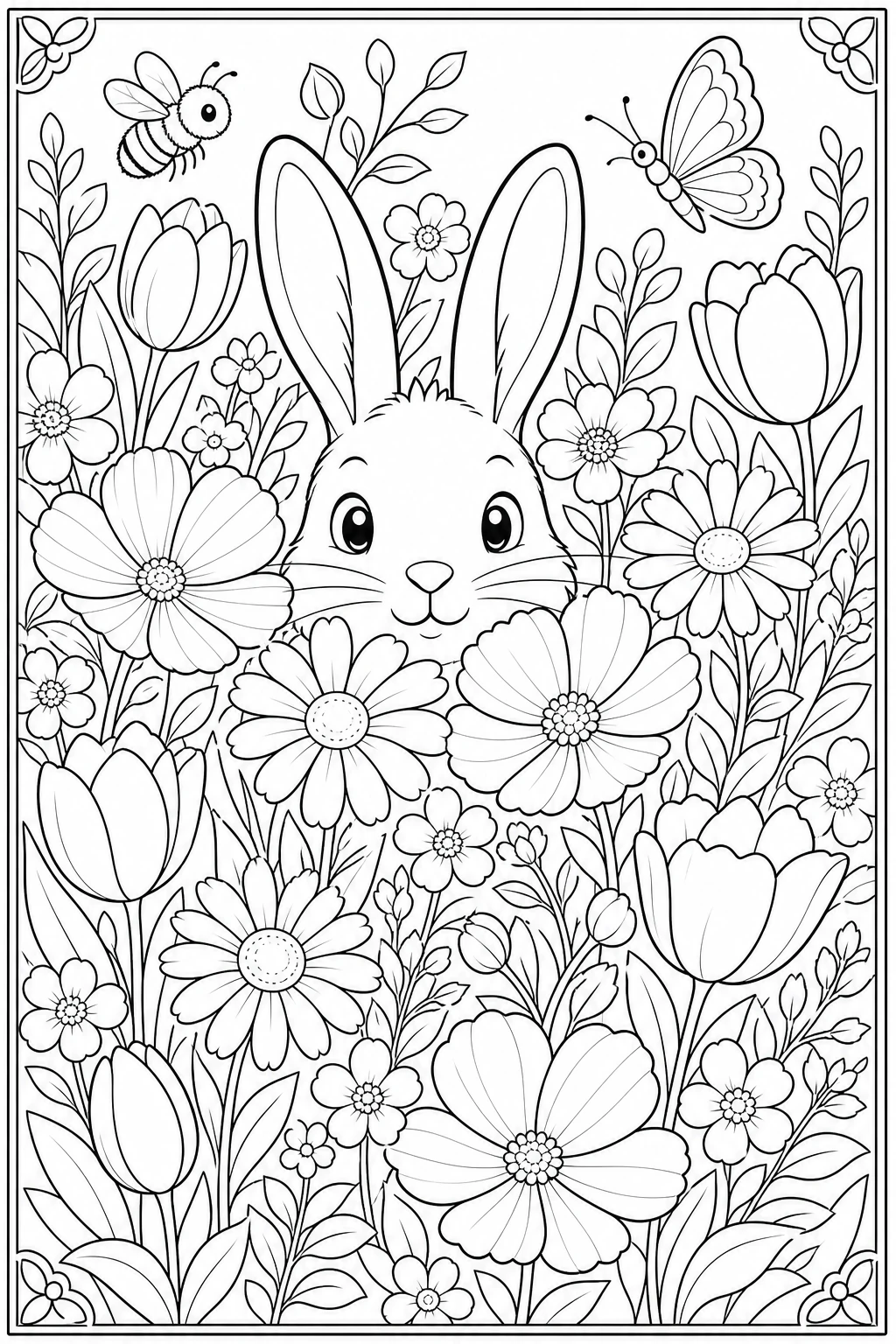 Coloriage lapin caché dans un champ de fleurs printanières à imprimer